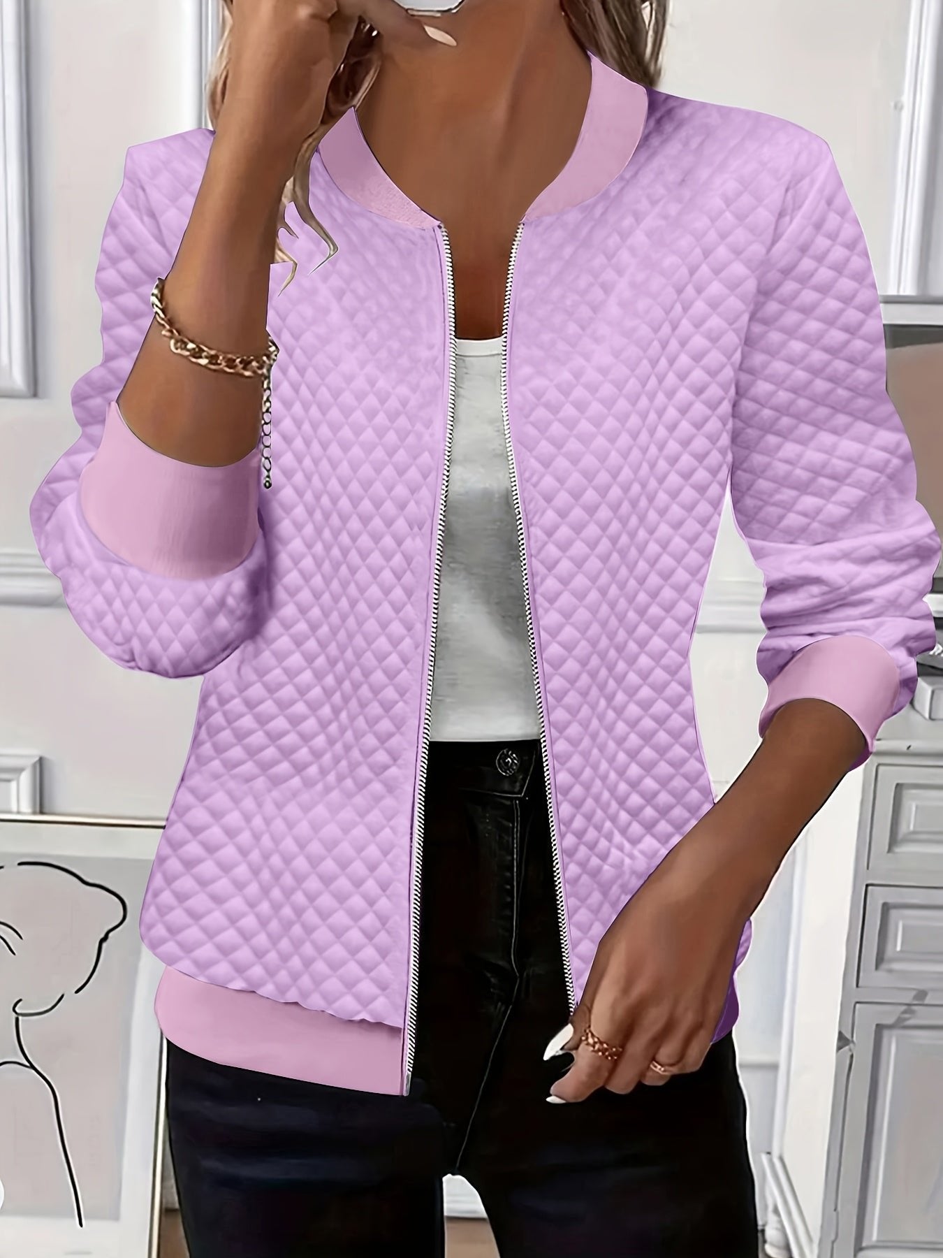 Women's Quilted Bomber Jacket - Violet