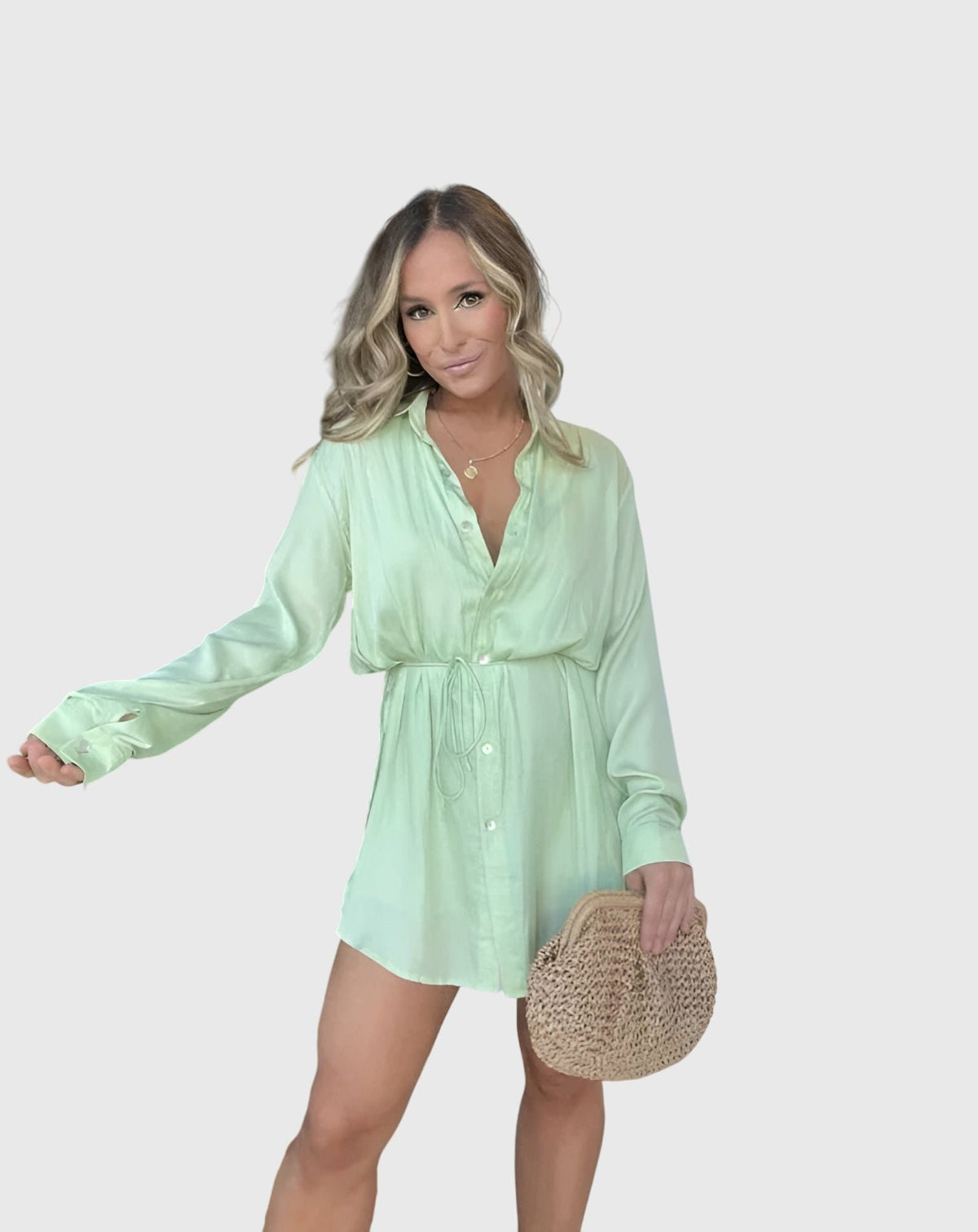 Women's Black Oversized Satin Long Sleeve Shirt Dress - Mint Green