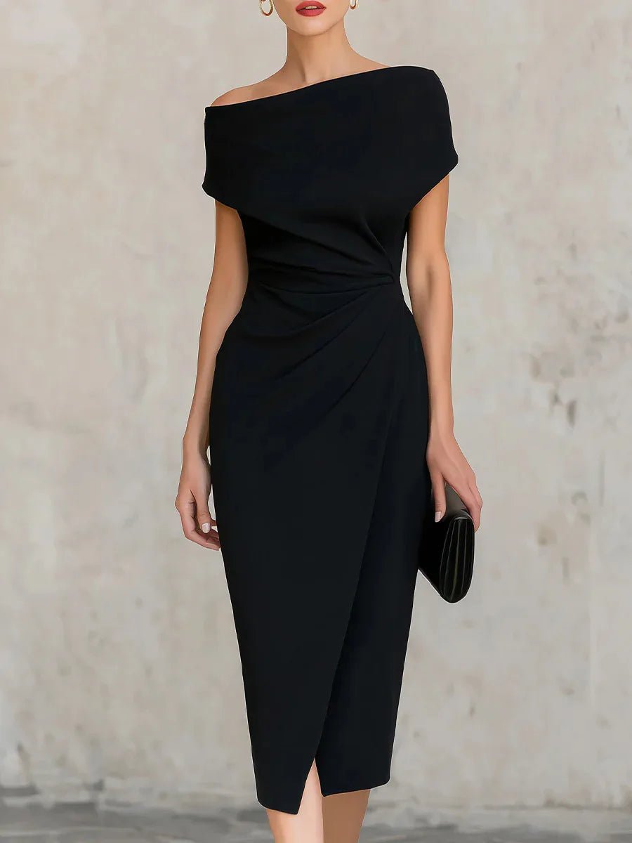 Women's Black Off-Shoulder Bodycon Midi Party Dress - Black