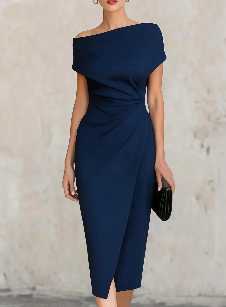 Women's Black Off-Shoulder Bodycon Midi Party Dress - Navy Blue