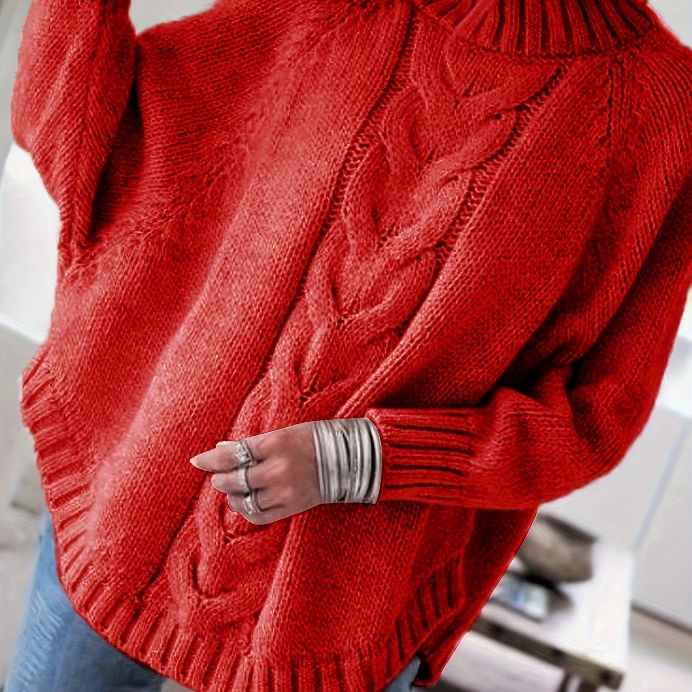 Women's Chunky Oversized Cable Knit Jumper - Red