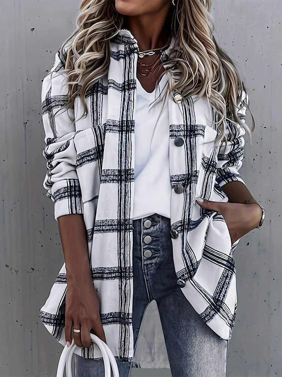 Women's Oversized Plaid Flannel Longline Shacket - White