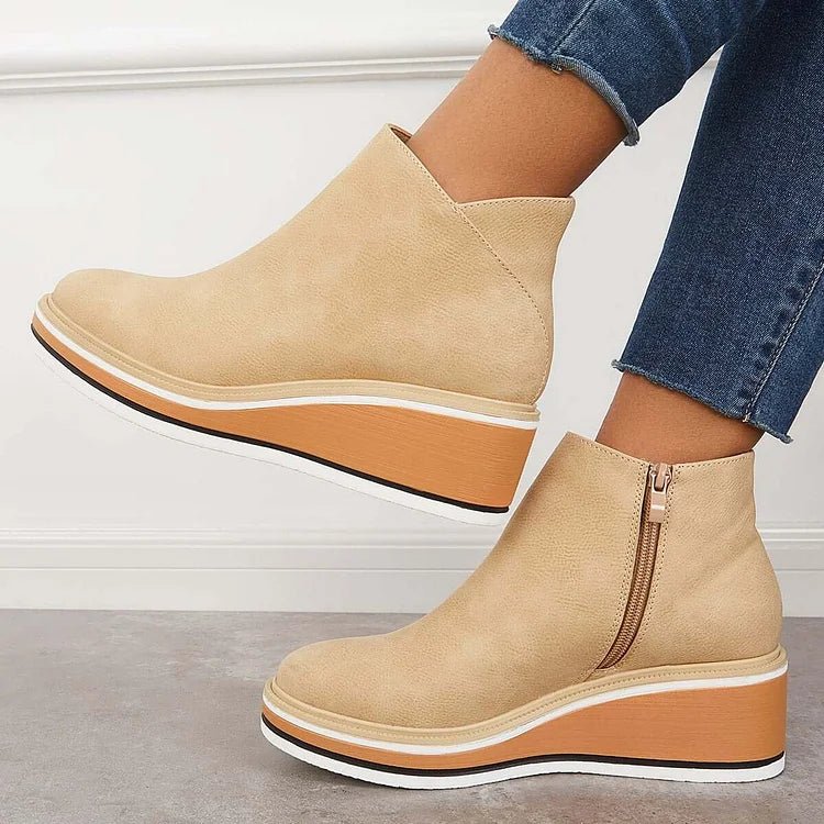 Women's Wedge Platform Ankle Boots - Beige
