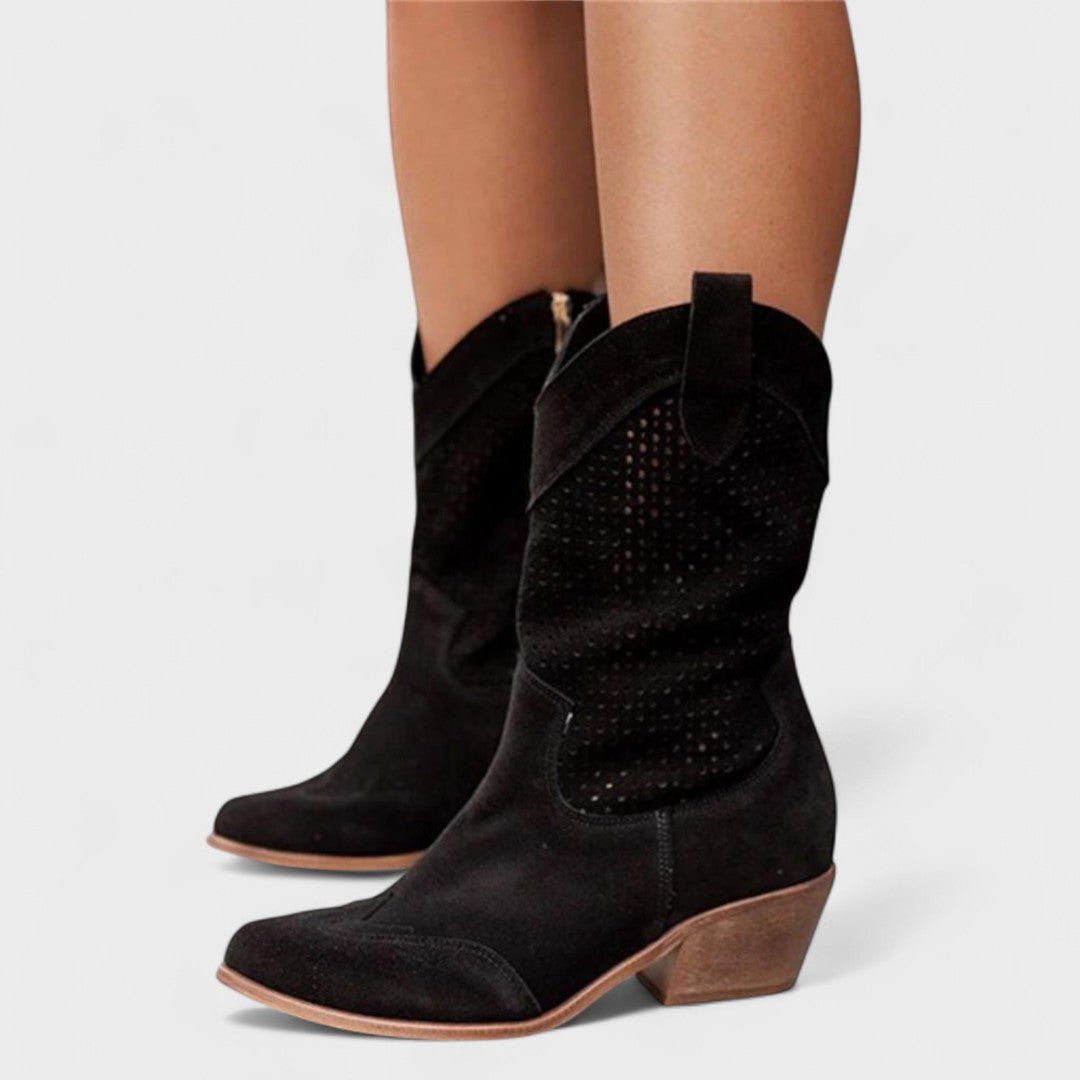 Women's Suede Western Cowboy Boots - Black