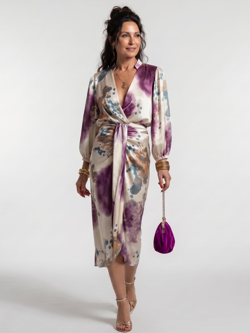 Women's Tie-Dye Satin Midi Party Wrap Dress - MultiColour
