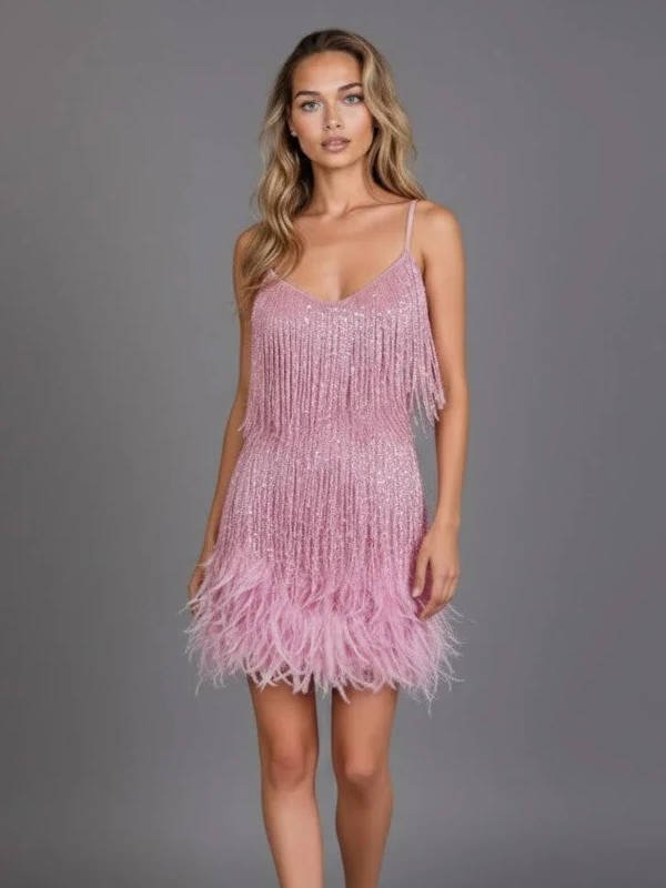 Women's Beaded Fringe Sequin Mini Party Dress - Pink