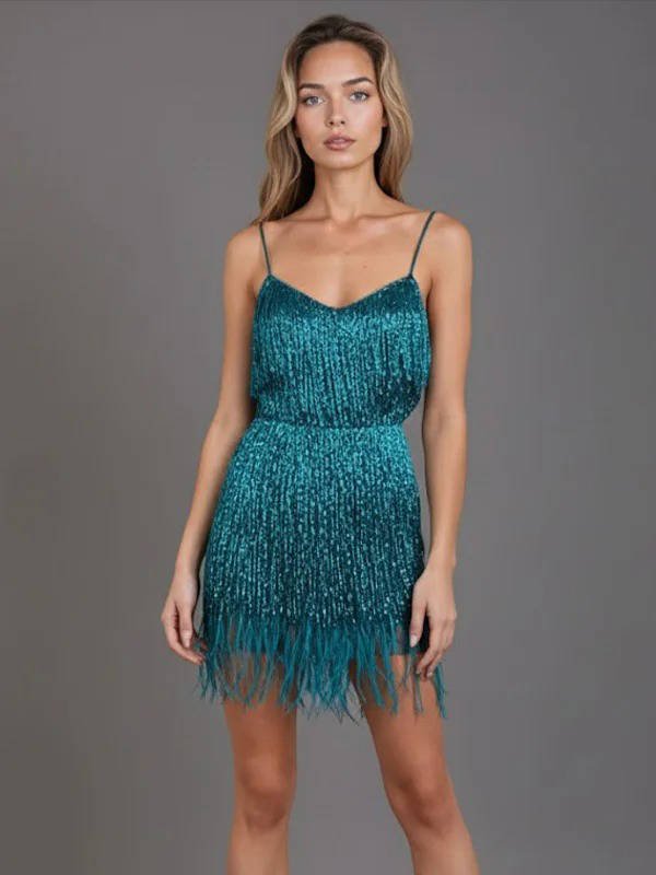 Women's Beaded Fringe Sequin Mini Party Dress - Peacock Blue