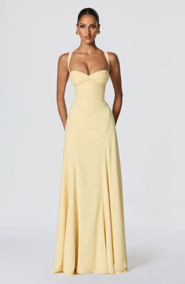 Women's Crepe Corset A-Line Maxi Party Gown - Light Yellow
