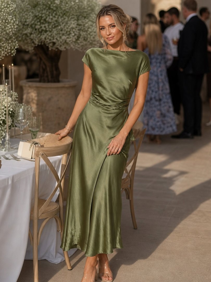 Women's Cap-Sleeve Satin Midi Party Dress