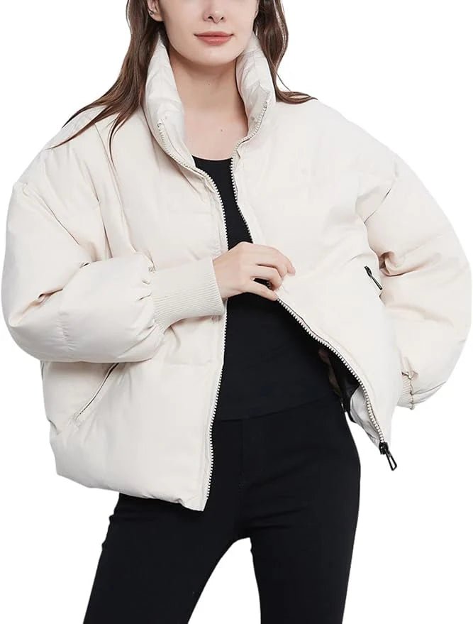 Women's Oversized Cropped Nylon Puffer Jacket - Beige