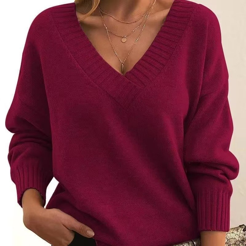Women's Oversized V-Neck Knit Jumper - Dark Red