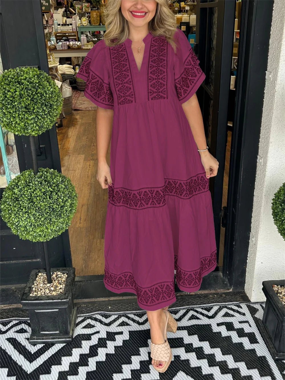 Women's Black V-Neck Midi Dress - Purple