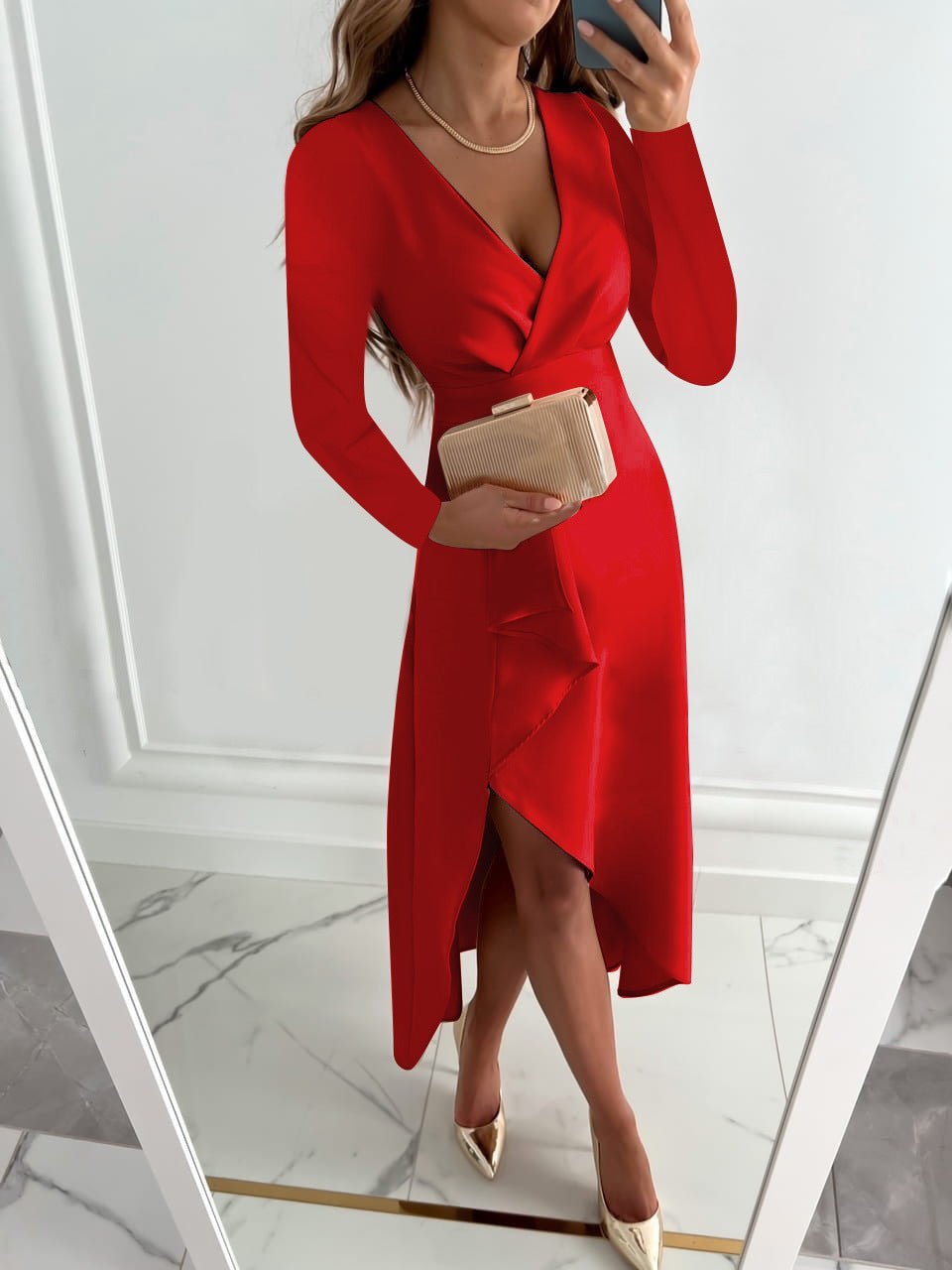 Women's Satin One-Shoulder Wrap Midi Party Dress - Red