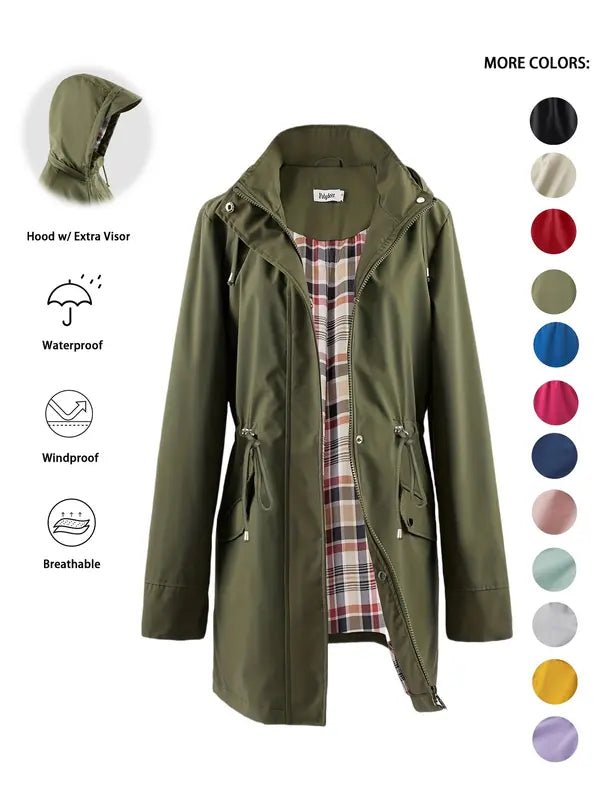 Women's Rain Waterproof Hooded Jacket - Army Green