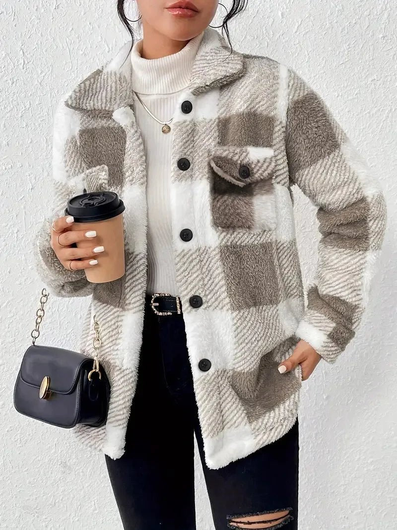 Women's Plaid Teddy Shacket - Khaki