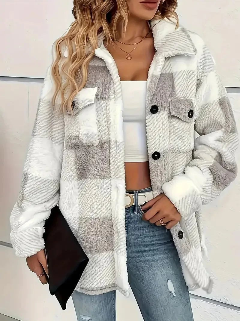 Women's Plaid Teddy Shacket - Gray