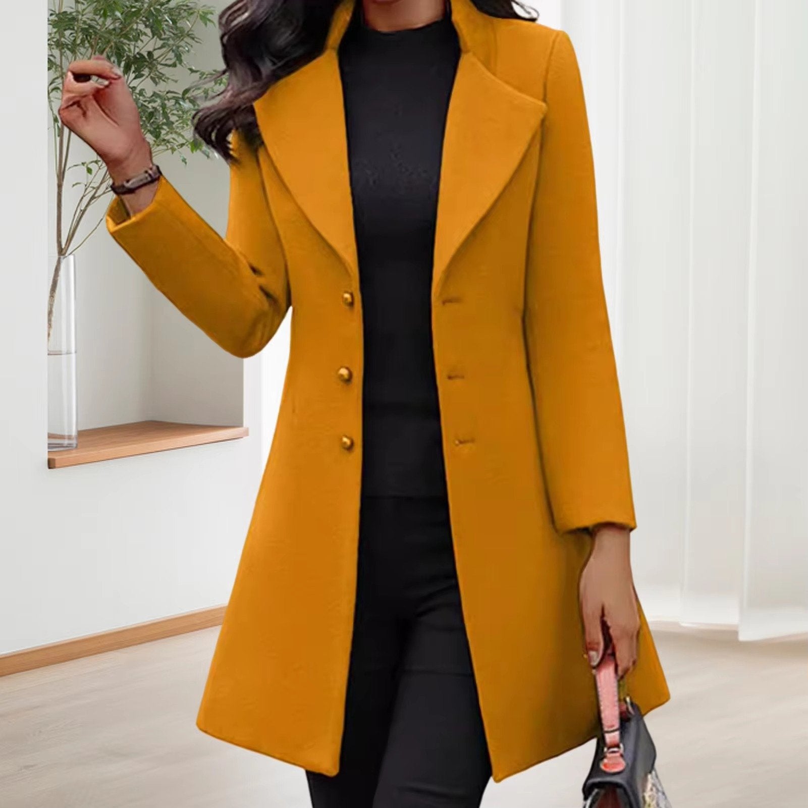Women's Slim Longline Wool Coat - Yellow