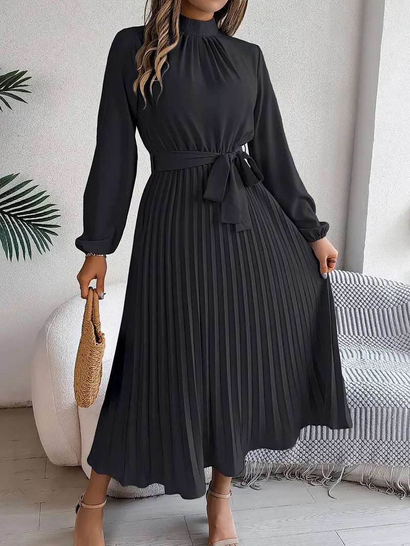 Women's Pleated Satin Long Sleeve Midi Party Dress - Black
