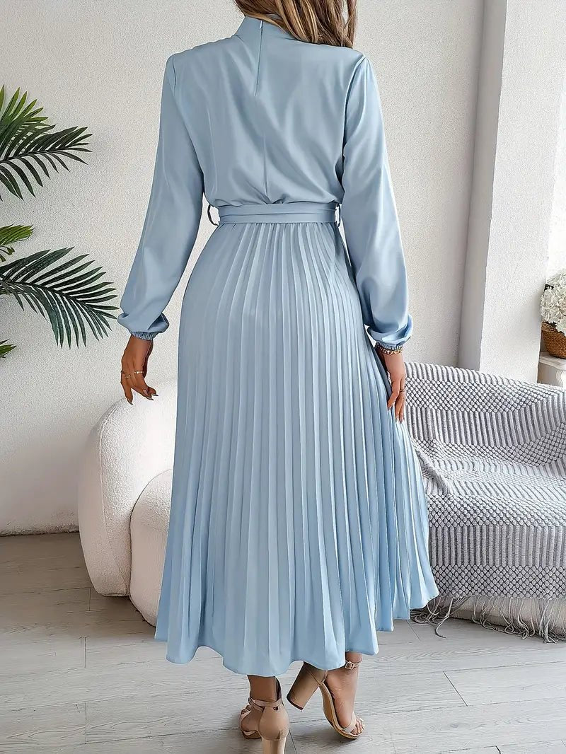 Women's Pleated Satin Long Sleeve Midi Party Dress