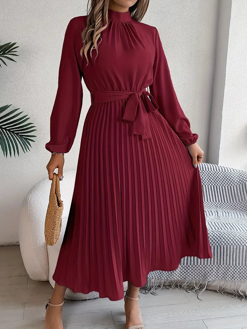 Women's Pleated Satin Long Sleeve Midi Party Dress - Burgundy