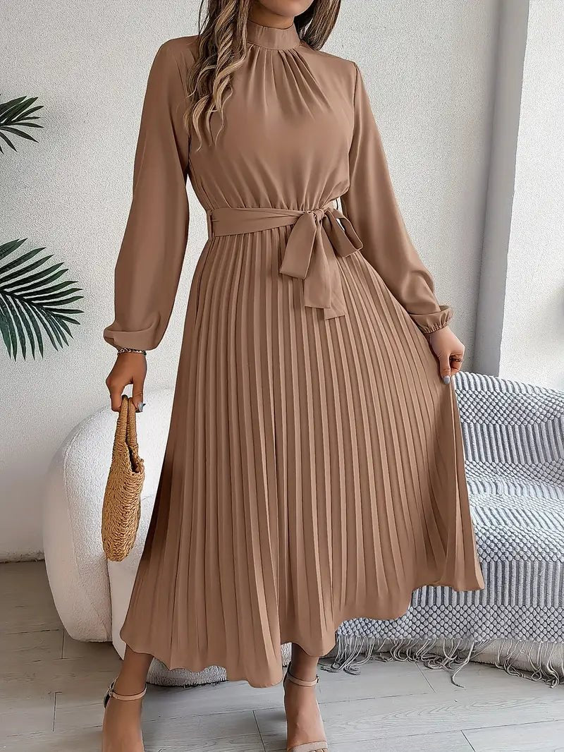 Women's Pleated Satin Long Sleeve Midi Party Dress - Khaki