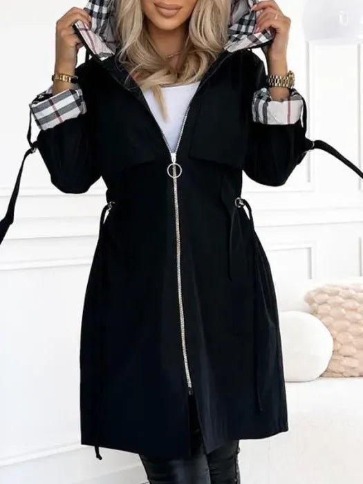 Women's A-Line Hooded Longline Trench Coat - Black