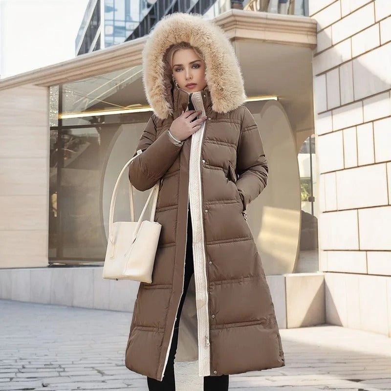 Women's Oversized Belted Longline Faux Fur Puffer Coat - Blue and White
