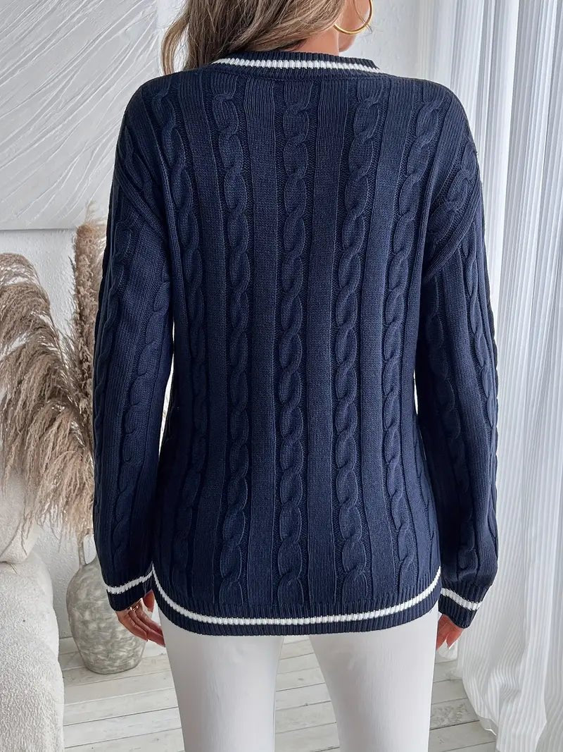 Women's Striped Cable Knit V-Neck Jumper