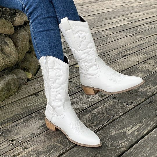 Women's Embroidered Western Cowboy Boots - White