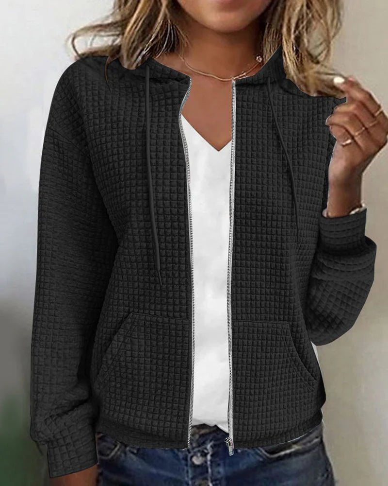 Women's Knit Zip-Up Hooded Jacket - Black