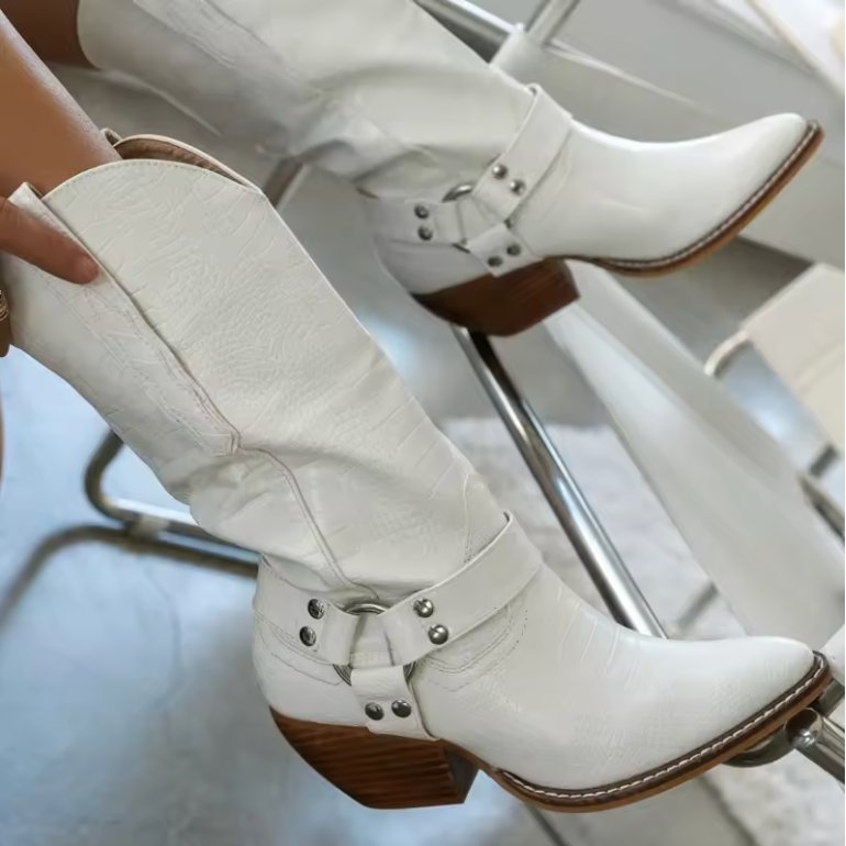 Women's Cow Print Western Cowboy Boots - White