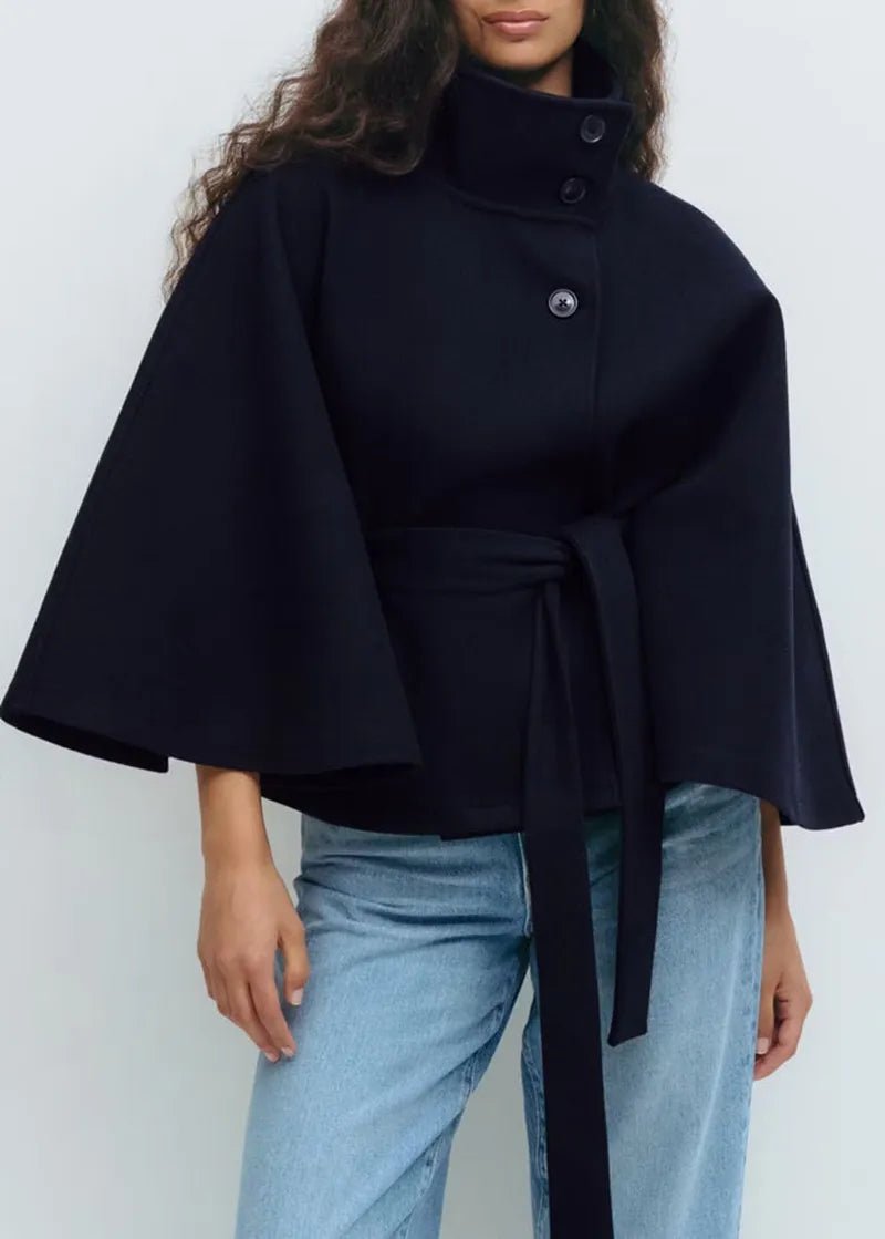 Women's Cropped Wool Cape Coat - Navy Blue