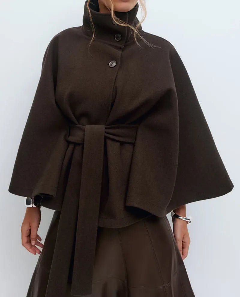 Women's Cropped Wool Cape Coat - Coffee