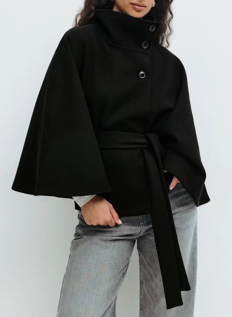 Women's Cropped Wool Cape Coat - Black