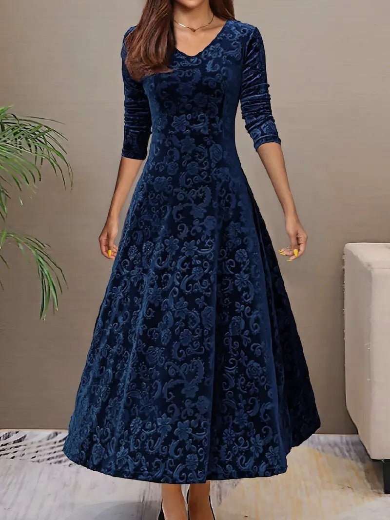 Women's V-Neck Velvet Midi Party Dress - Blue