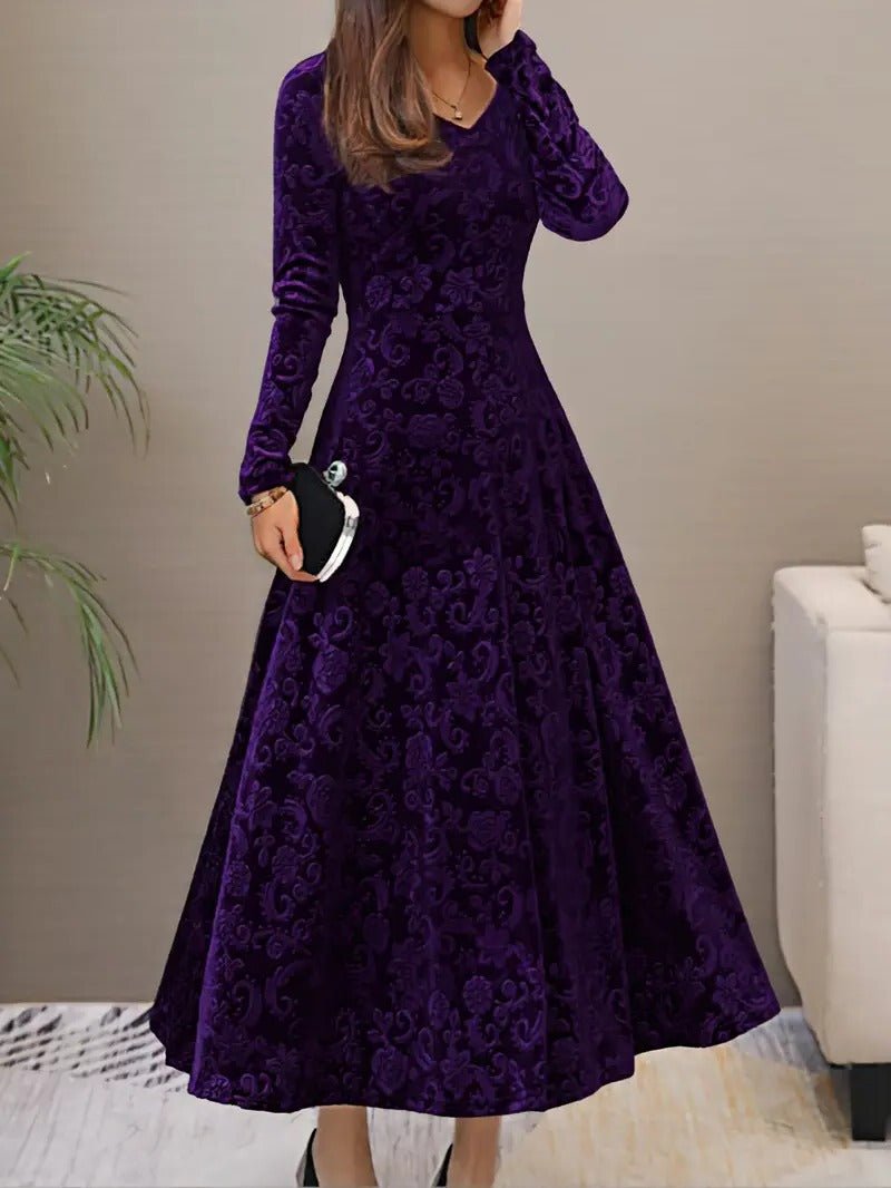 Women's V-Neck Velvet Midi Party Dress