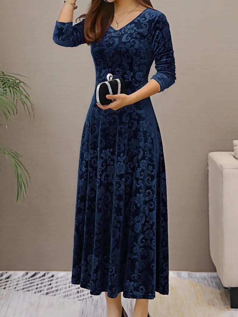 Women's V-Neck Velvet Midi Party Dress