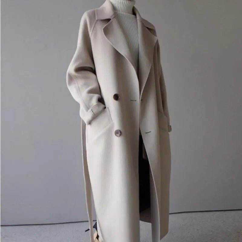 Women's Oversized Wrap Belted Longline Wool Coat - Beige