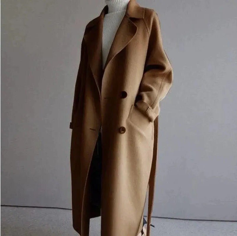 Women's Oversized Wrap Belted Longline Wool Coat - Brown