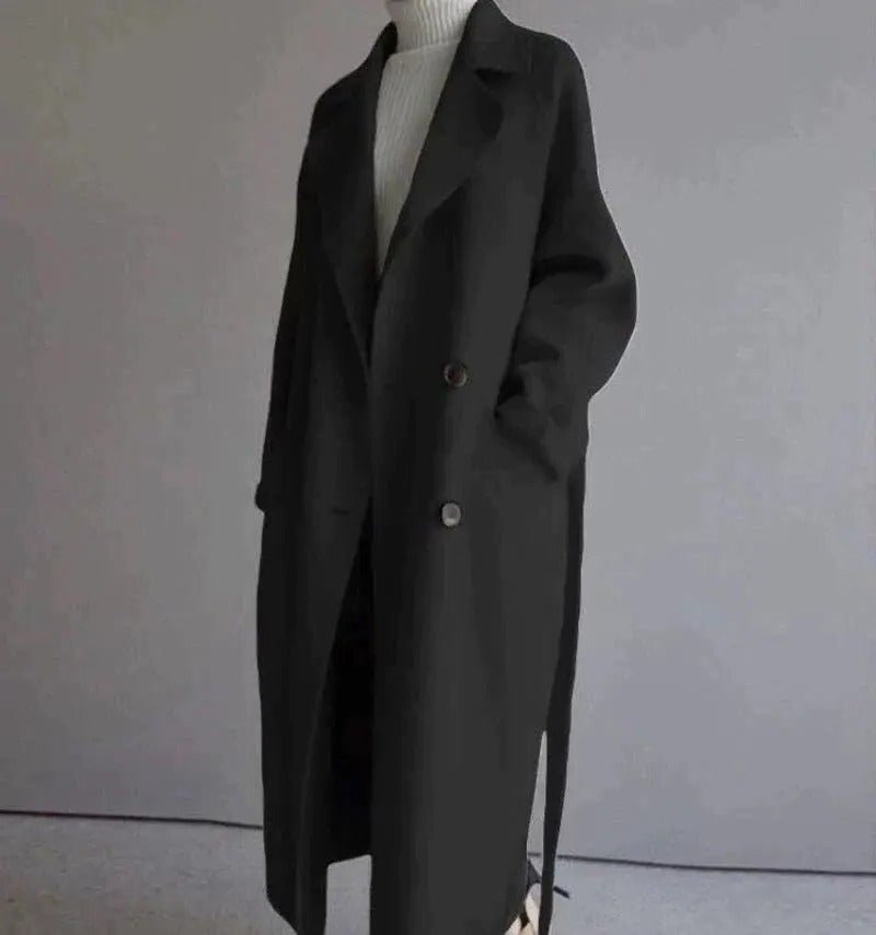 Women's Oversized Wrap Belted Longline Wool Coat - Black
