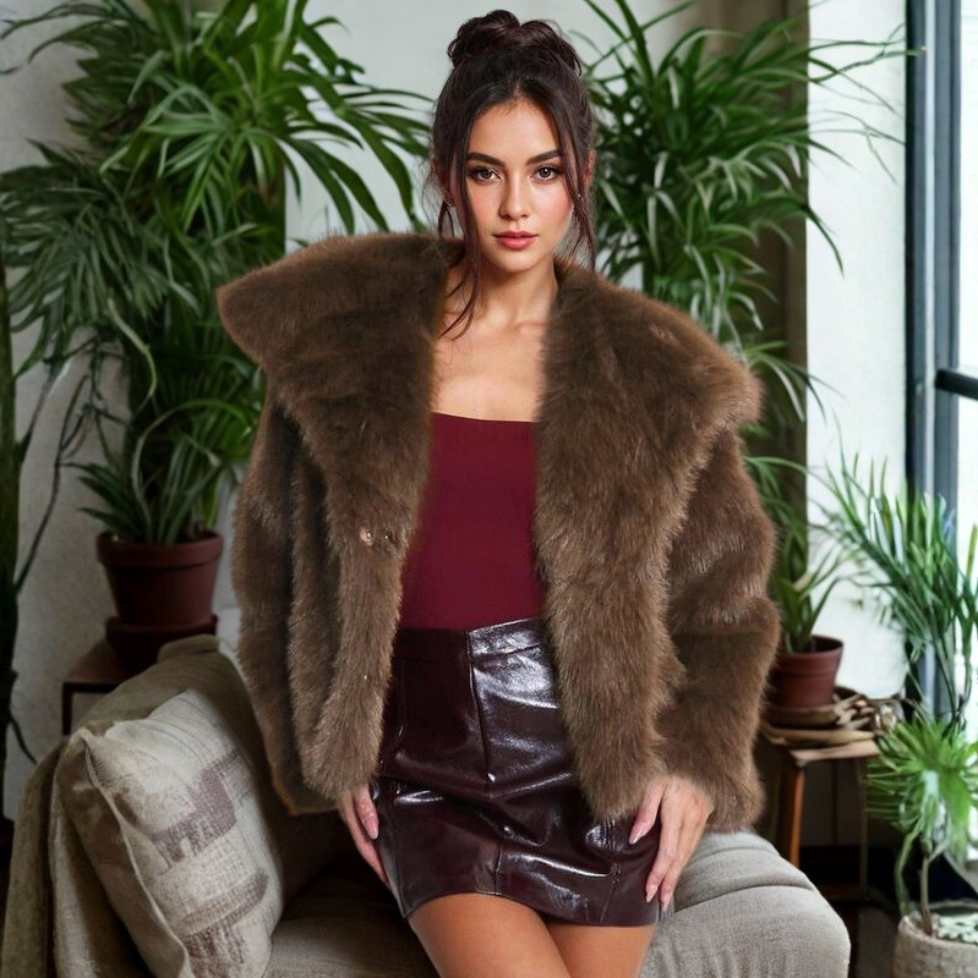 Women's Cropped Faux Fur Jacket - Brown