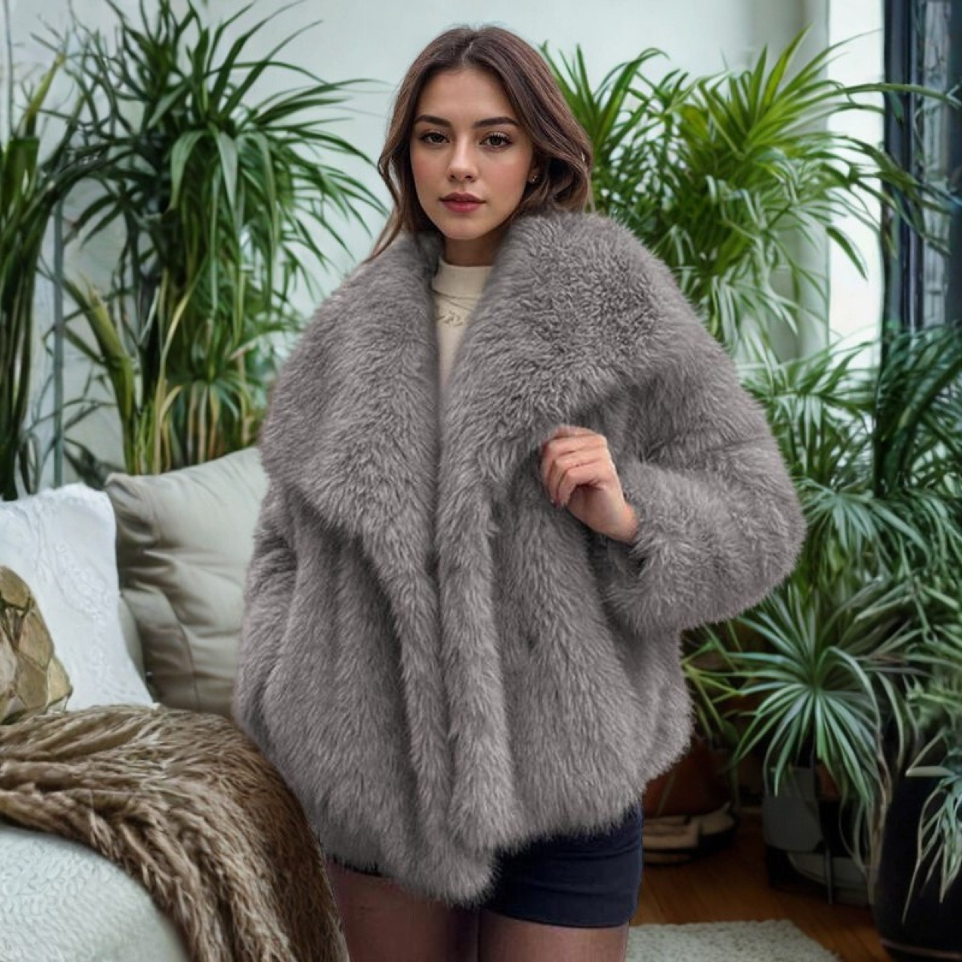 Women's Cropped Faux Fur Jacket - Dark Gray