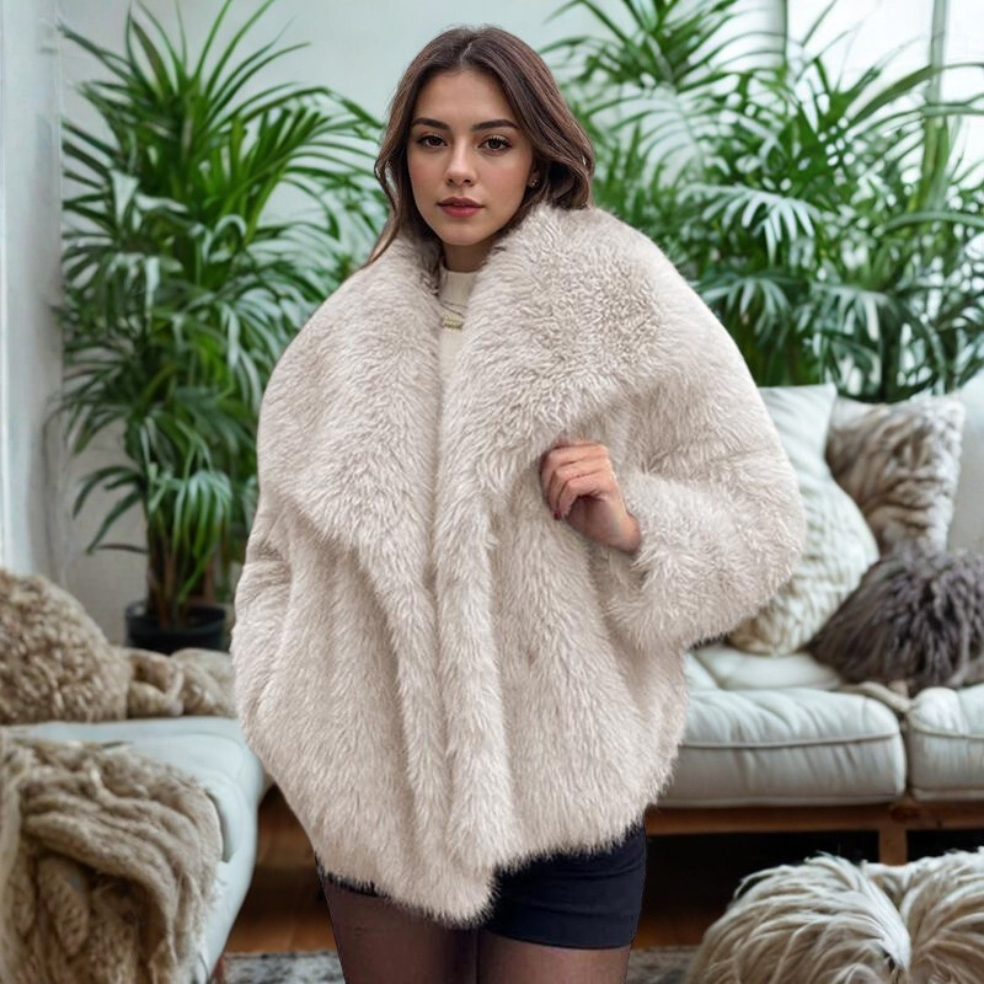 Women's Cropped Faux Fur Jacket - Beige