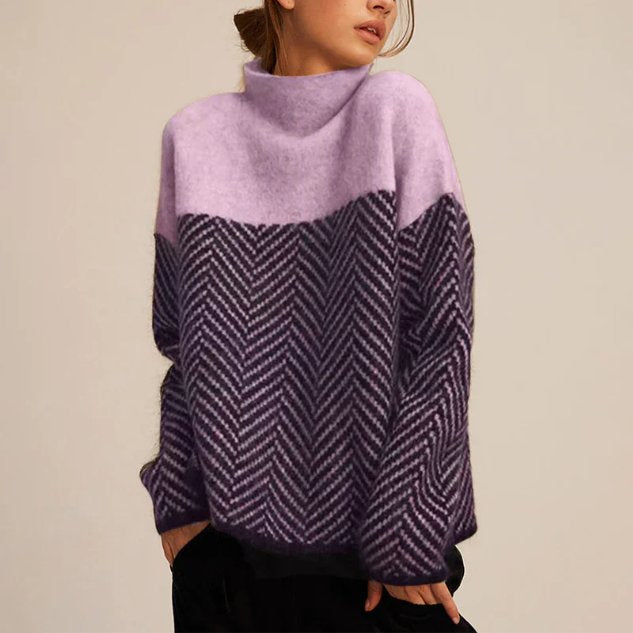 Women's Oversized Herringbone Roll Neck Jumper - Purple