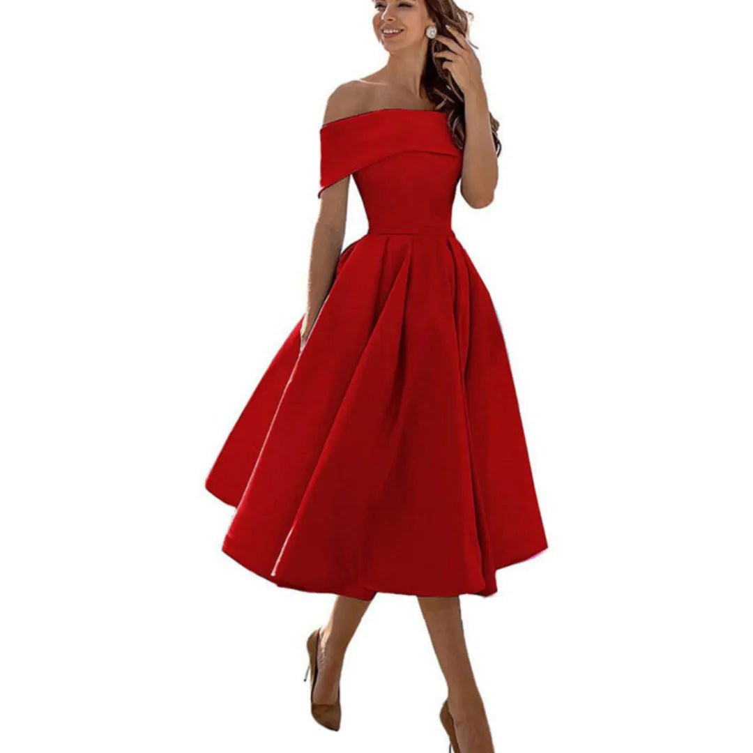 Women's Satin Off-Shoulder Midi Party Dress - Red