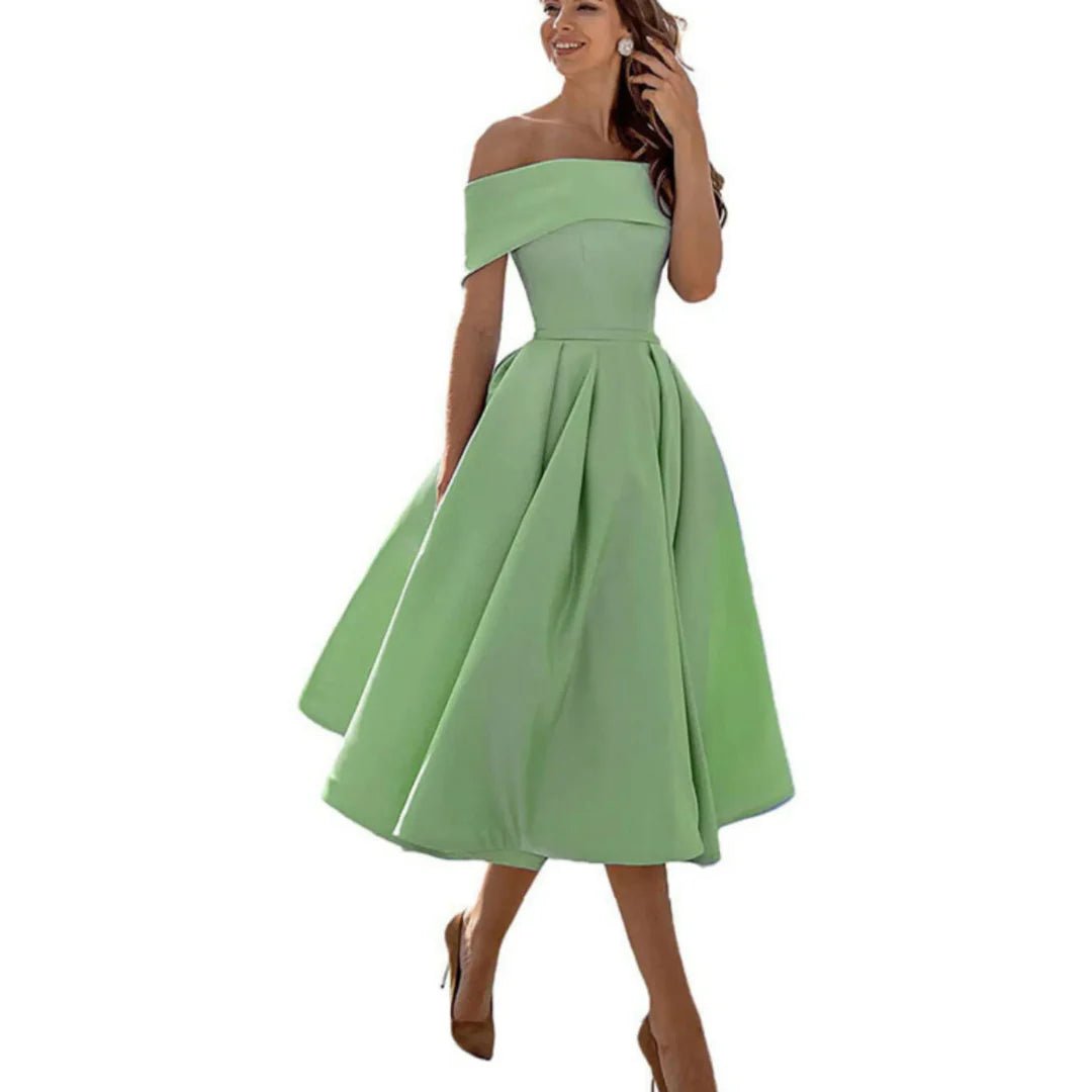 Women's Satin Off-Shoulder Midi Party Dress - Light Green