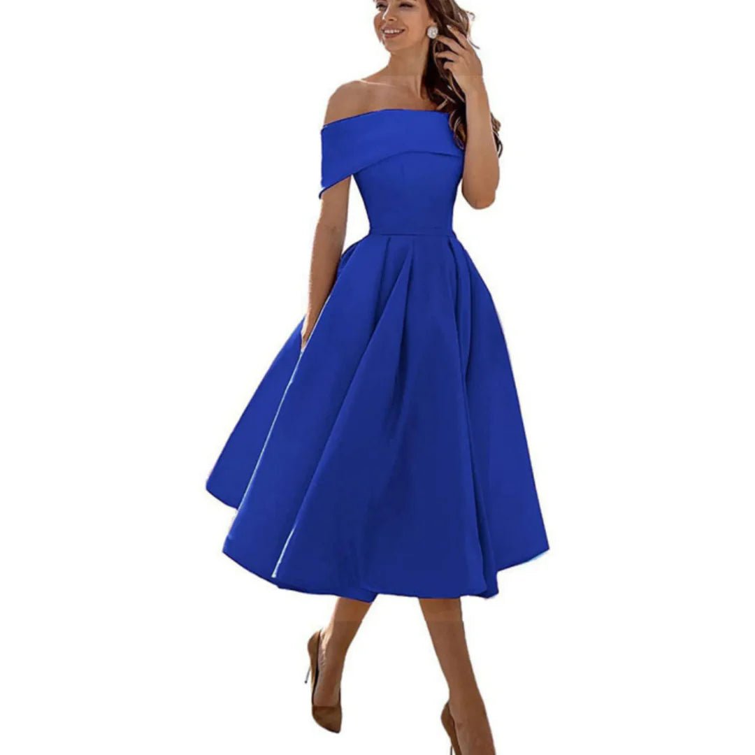 Women's Satin Off-Shoulder Midi Party Dress - Blue