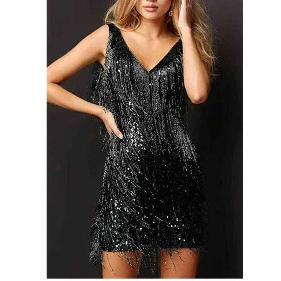 Women's Fringe Cocktail Sequin Mini Party Dress - Black