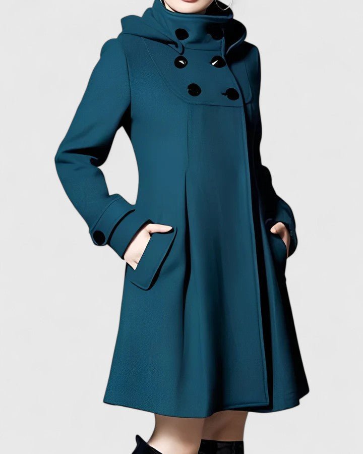 Women's Swing Hooded Wool Coat - Dark Green