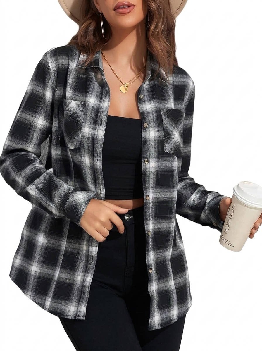 Women's Plaid Flannel Shacket - Black